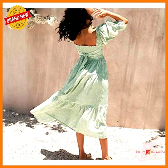 Cotton Plaid Puff Sleeve Off-Shoulder Boho Midi Dress with Back Bow Tie - Picture 3 of 7